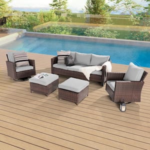 5-Piece Patio Conversation Set Brown Wicker with Swivel Rocking Chair and Linen Grey Thickening Cushions