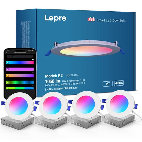 6 in. 12W 1050 LM Smart RGBCCT Canless Integrated LED Recessed Light Trim, Dimmable Downlight, APP Control Only, 4-Pack