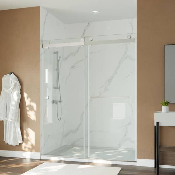 55 to 59 in. W x 72 in. H Double Sliding Frameless Shower Door in Brushed Nickel Finish with Tempered Glass