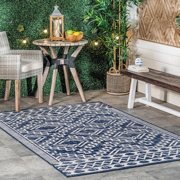 Cari Moroccan Tribal Navy 9 ft. 6 in. x 12 ft. Indoor/Outdoor Patio Area Rug