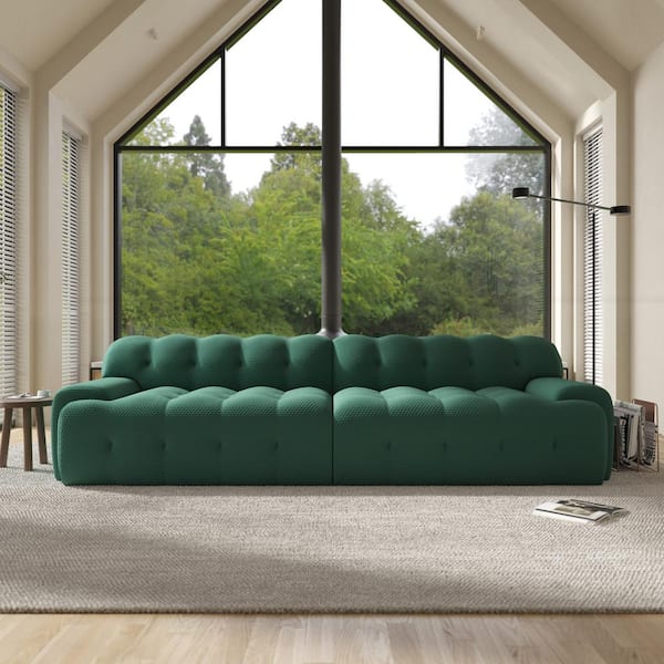 102.35 in. Square Arm Knit Fabric Rectangle 2-piece Waffle Sectional Sofa with Resilience Seat in. Green