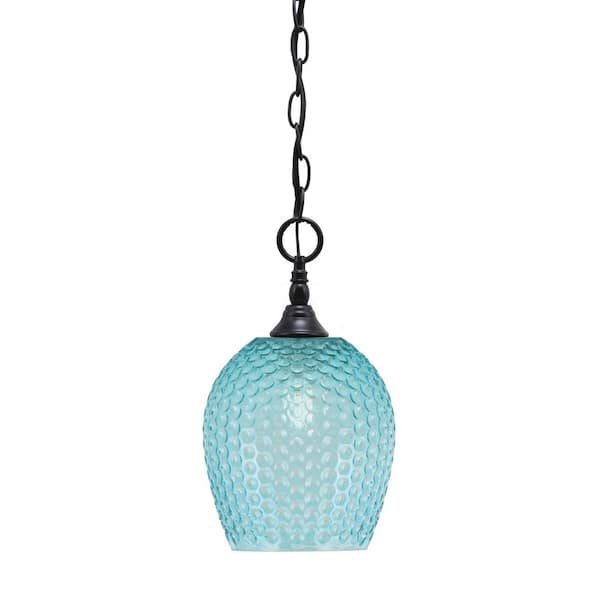Elva 100-Watt 1-Light Matte Black Shaded Pendant Light with 7.5 in. Turquoise Textured Glass Shade, No Bulb Included