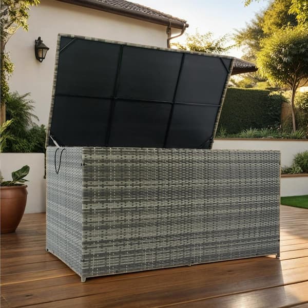 Grey 200 Gal. Wicker Patio Deck Box with Lid, Outdoor Storage Box