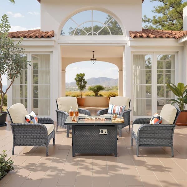 Epoch 5-Pieces Wicker Outdoor Patio Rectangular Fire Pit Set with Beige Cushions