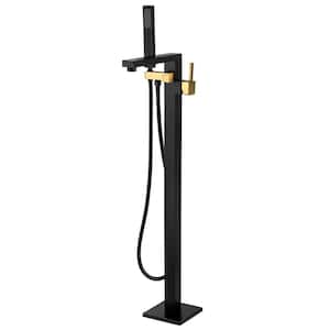 Stand Alone Tub Filler with Floor Mount - Freestanding 35in Tub Gold and Black Faucet - Easy Installation