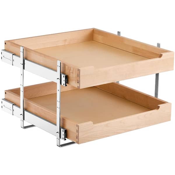 2 Tier Natural Wood Pull Out Cabinet Organizer, Soft Close Slide Out Wood Drawer 20"W x 21"D