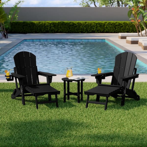 Laguna Outdoor Weather Proof 3-Piece Folding Adjustable Adirondack Chair w/ Pull Out Ottoman & Table Set, Black