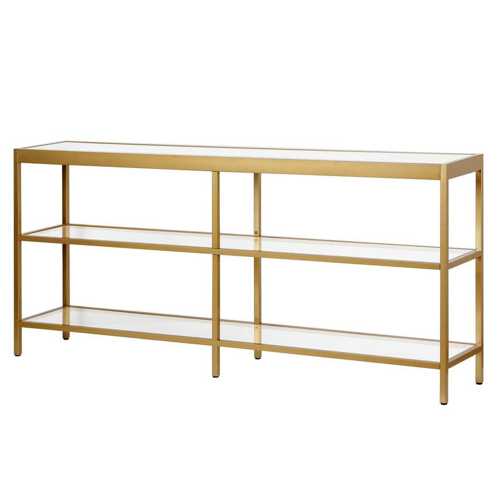 Evelyn & Zoe 64" Brass-Tempered Glass Console Table with Storage