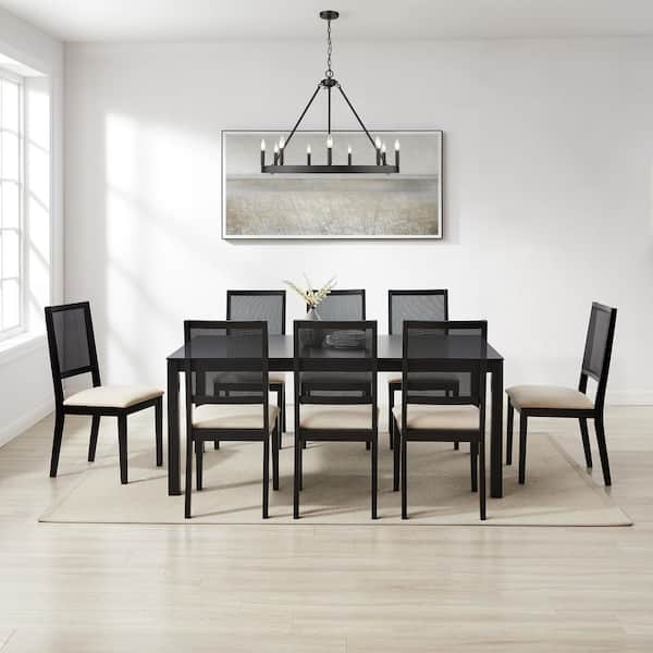 Greer Black 9-Piece Dining Set with Creme Cushions