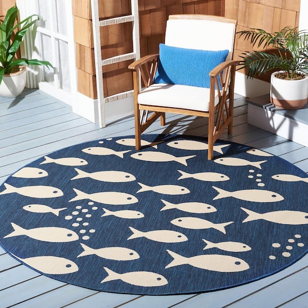 Courtyard Navy/Beige 4 ft. x 4 ft. Novelty Fish Indoor/Outdoor Patio  Round Area Rug