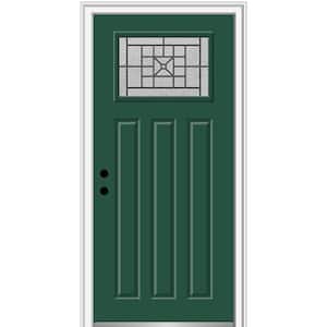 36 in. x 80 in. Courtyard Right-Hand 1-Lite Decorative Craftsman 3-Panel Painted Fiberglass Smooth Prehung Front Door