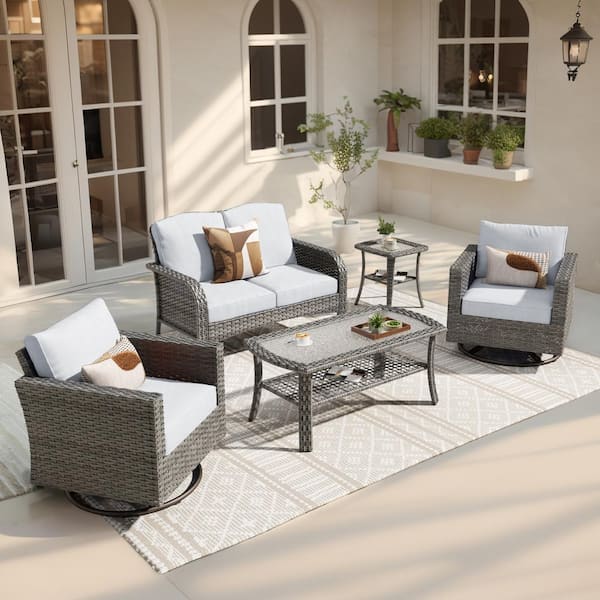 weaxty W Rocking Hyacinth Gray 4-Piece Wicker Patio Outdoor Conversation Seating Set with a Coffee Table and Denim Blue Cushions