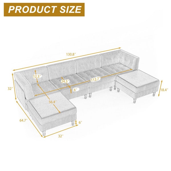 Uixe 130.8 in. Square Arm 6-piece Corduroy U-Shaped Sectional Sofa
