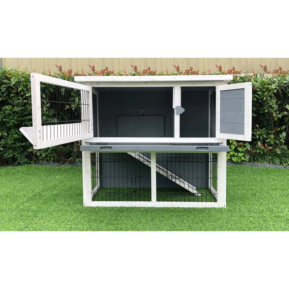 Gray and White Wooden 2-Story Chicken Coop with Ramp