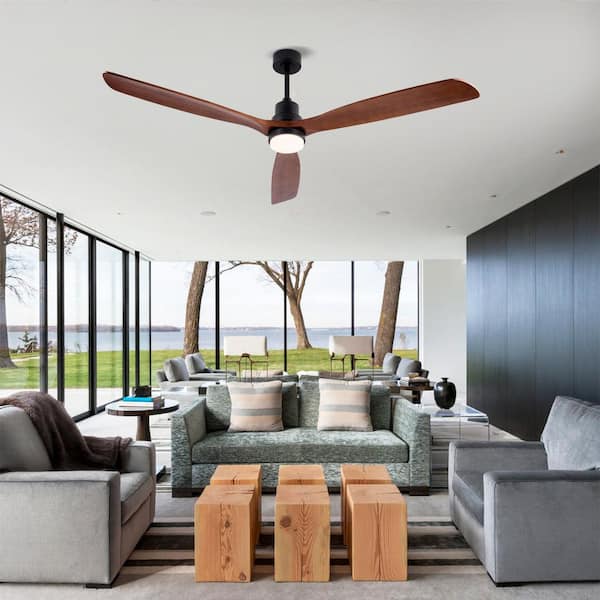 Modern 72 in. Indoor Black 3 Solid Wood Blades Downrod Standard Ceiling Fan with Reversible DC Motor and Remote Included