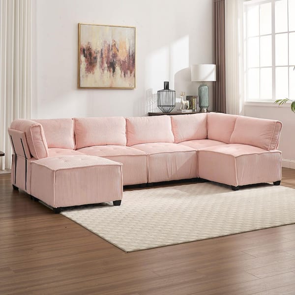 HOMEFUN 122 in. aq. 6-Piece U Shaped Corduroy Modern Couch Modular Sectional Sofa in. Pink with Moveable Ottoman