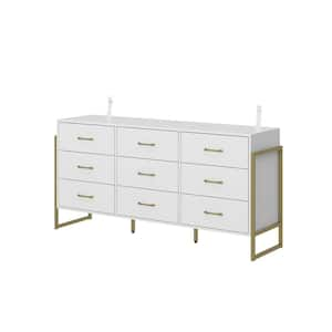 White & Golden 9-Drawers 61.4 in. Width Wooden Chest of Drawers, Dresser, Storage Cabinet for Living Room, Bedroom