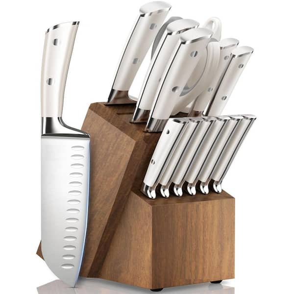 15-Piece White Japanese High Carbon Stainless Steel Knives Set for Kitchen with Block and Sharpener