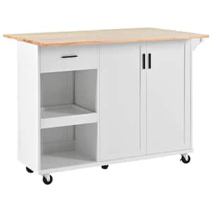 White Wood 49.02 in. Kitchen Island, Storage Cart with Slide-Out Shelf, Towel Rack and Drawer