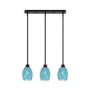 Albany 60-Watt 3-Light Espresso Linear Pendant Light with Turquoise Fusion Glass Shades and No Bulbs Included