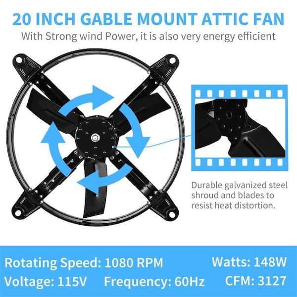 Amucolo - 3127 CFM 20 in. Black Gable Mount Fan Attic Gable Ventilator Shutter Exhaust Fan with Adjustable Temperature Thermostat