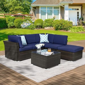 4-Pieces Rattan Wicker Patio Conversation Furniture with Navy Blue Cushions and Coffee Table