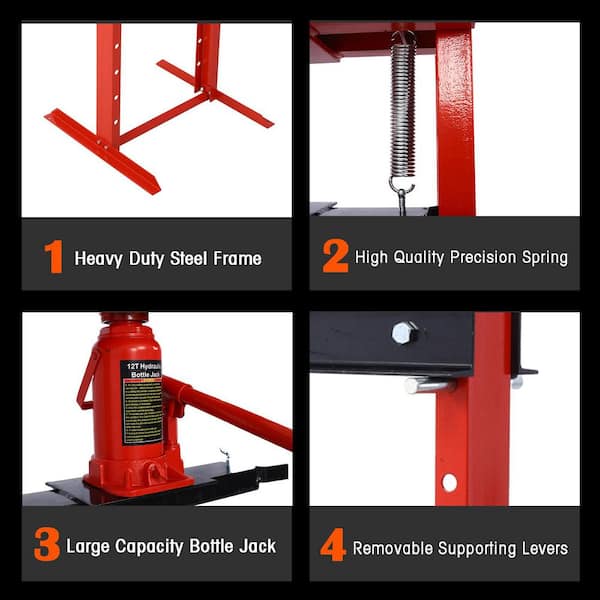 Hydraulic Press, Benchtop Hydraulic Shop Press, H-Frame Garage Floor Press With Press Plates Adjustable Working Table Height Red