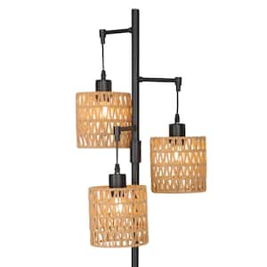 65.1 in. 3-Light Brown Boho Rattan Tree Standing Floor Lamps with Shades