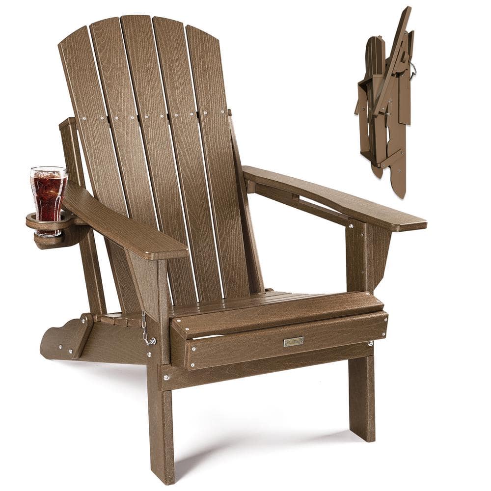 Mximu Teak HDPE Outdoor Folding Plastic Adirondack Chair with Cupholder