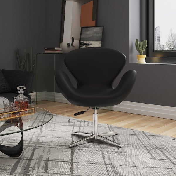 Manhattan Comfort Raspberry Modern Black and Polished Chrome Faux Leather Upholstered Accent Arm Chair with Swivel (Set of 2)