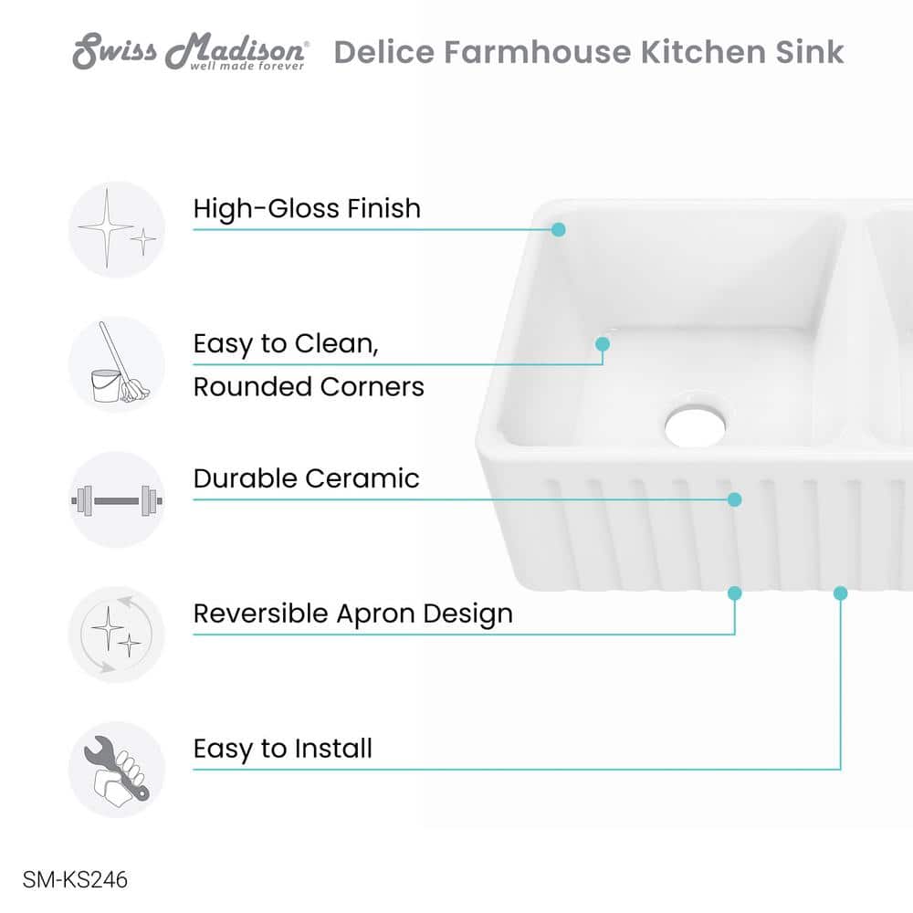 Delice Duo Glossy White Ceramic Farmhouse Sink