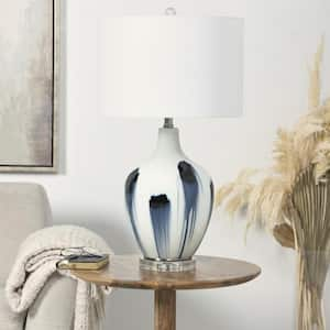 27 in. White Glass Abstract Task and Reading Table Lamp with Blue Drip Splatter Design