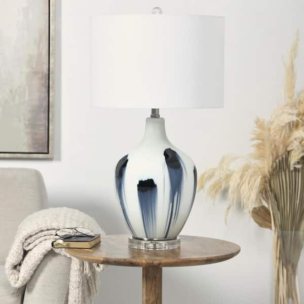 Litton Lane 27 in. White Glass Abstract Task and Reading Table Lamp with Blue Drip Splatter Design
