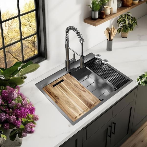 27 in. Drop-In Single Bowl 18 Gauge Gunmetal Black Stainless Steel Workstation Kitchen Sink