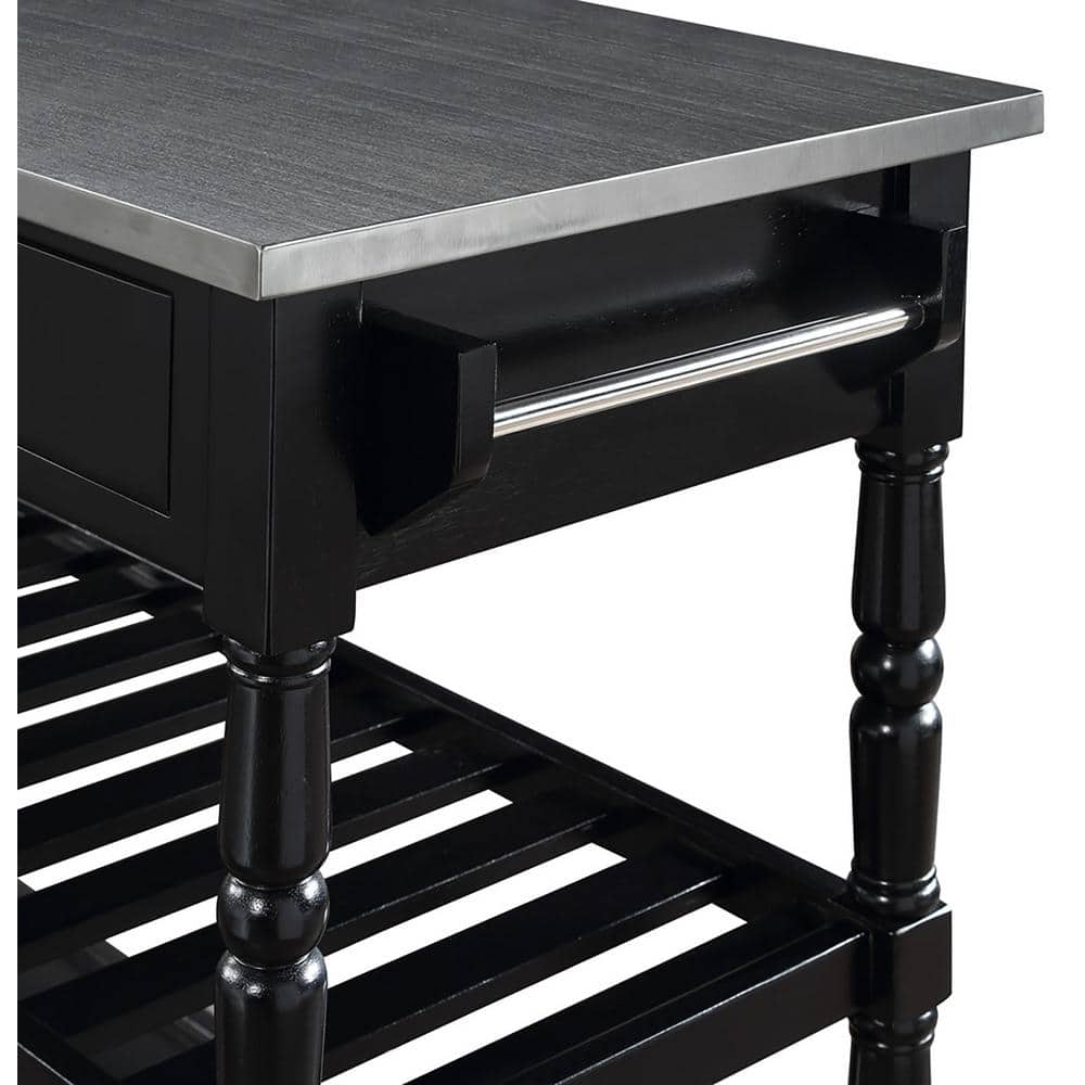 French Country Elegance Stainless Steel & Black Kitchen Cart with Wine Storage