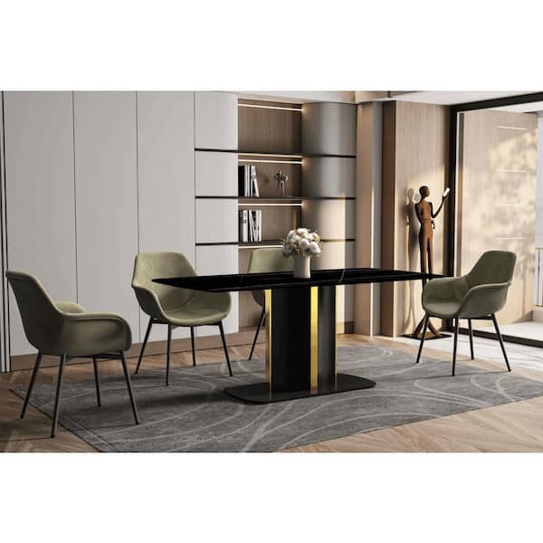 Leisuremod Sylva Modern 62 in. Rectangular Dining Table with Sintered Stone Top and Steel Pedestal Base in Black/Gold, Seats 8