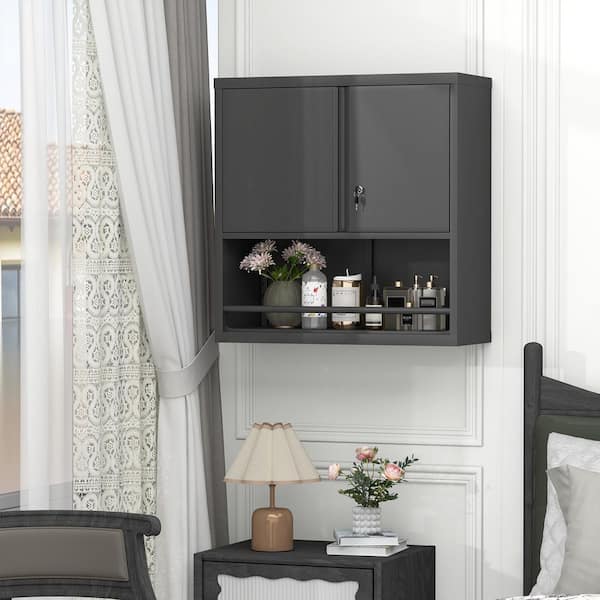 Black Metal Wall Cabinet, Double-Door Storage Cabinet w/ Adjustable Shelves for Kitchen, Laundry Room and Garage