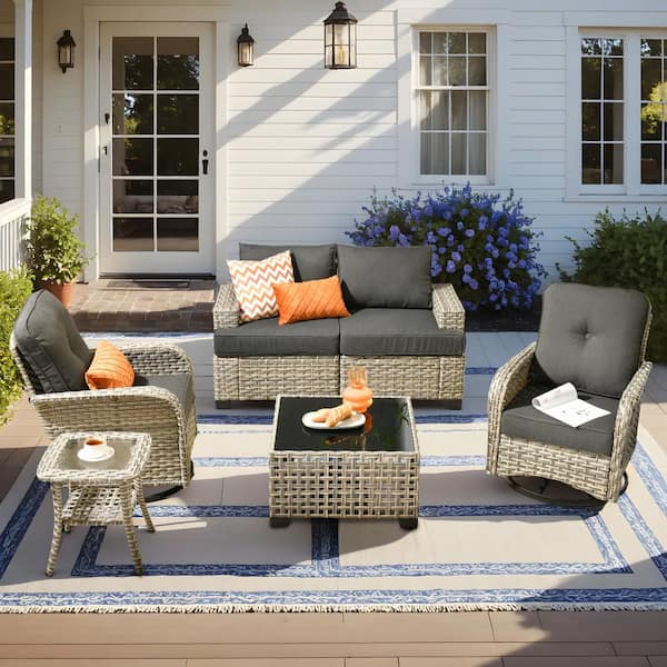 XIZZI Aimee 6-Piece Wicker Patio Conversation Seating Sofa Set with Black Cushions and Swivel Rocking Chairs