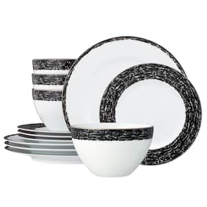 Black Rill (Black) Porcelain 12-Piece Dinnerware Set, Service for 4