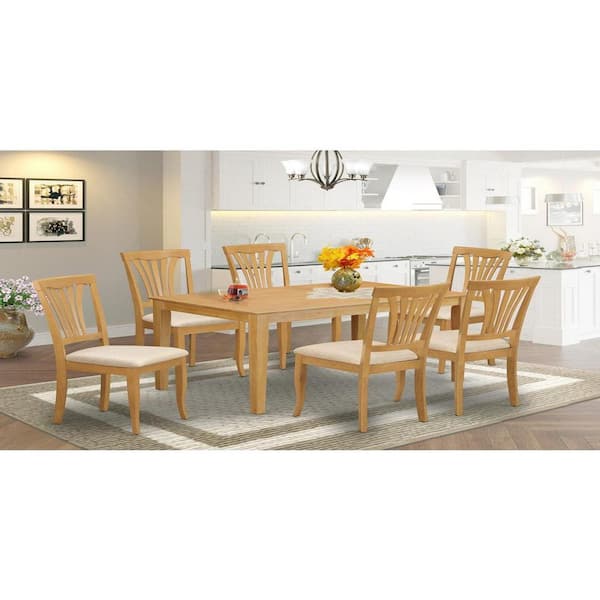 East West Furniture 7-Piece Rectangle Natural Oak Finish Solid Wood Top Dining Table with 6 Chairs with Lattice Back