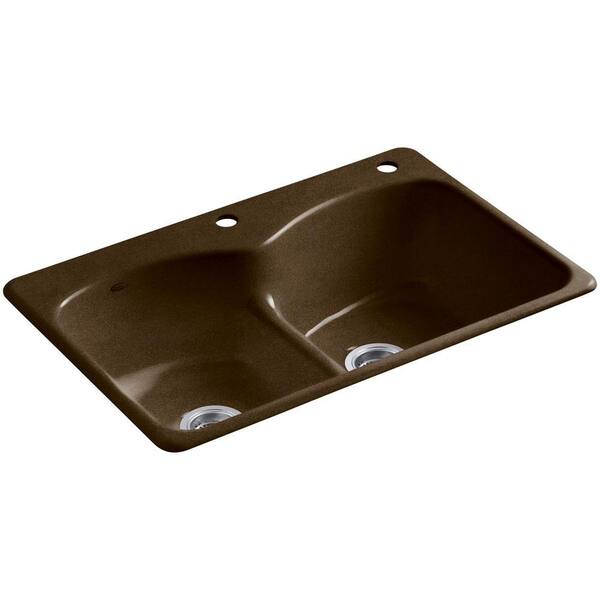 KOHLER Langlade Smart Divide Drop-In Cast-Iron 33 in. 2-Hole Double Bowl Kitchen Sink in Black 'n Tan
