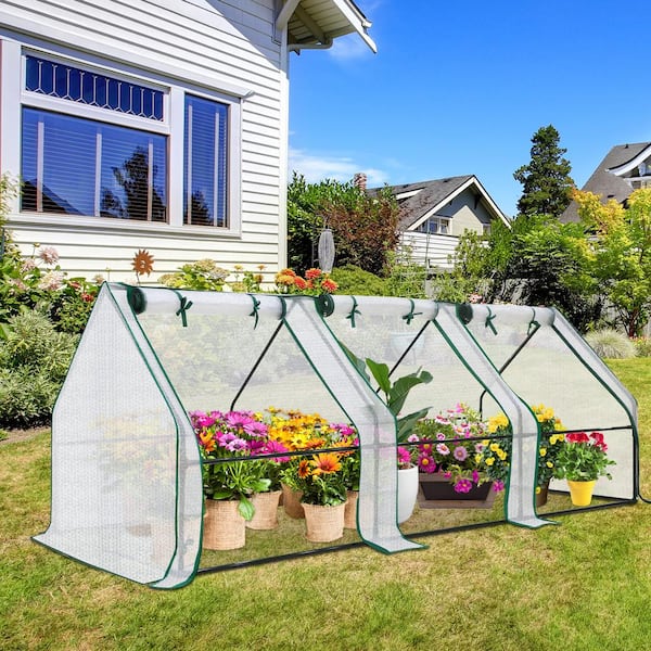 8 ft. L x 3 ft. W x 3 ft. H Portable Mini Greenhouse with Transparent Bubble Film Cover, 3 Large Zippered Doors