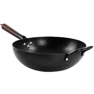 12 in. Carbon Steel Wok with Wooden Handle in Black