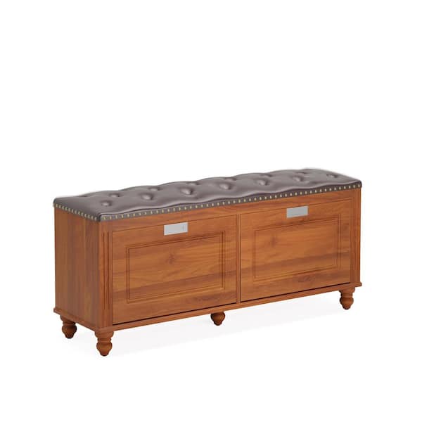 TRIBESIGNS WAY TO ORIGIN Celinda 23 in. H x 51 in. W Brown Wood Shoe Storage Bench with 2-Flip Drawers and Tufted Leather Seating