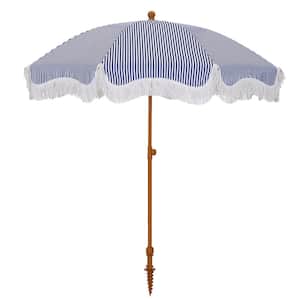 7 ft. Metal Beach Umbrella in Navy Strips with Tassel Design and Cover