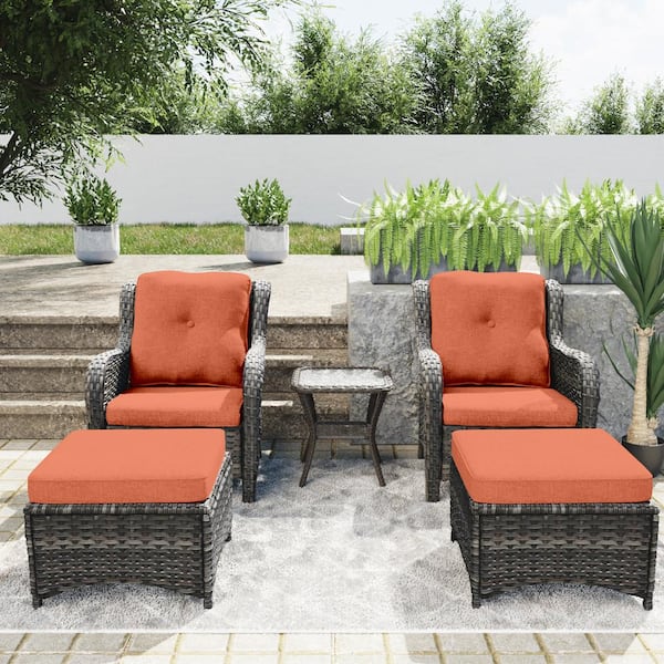 Gardenbee 5-Piece Wicker Outdoor Patio Conversation Set with Orange Cushions, Ottomans and Side Table