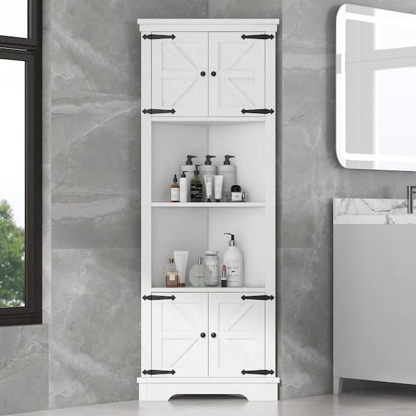 FAMYYT 26 in. W x 14 in. D x 67 in. H White Bathroom Corner Linen Cabinet with Doors and Adjustable Shelf