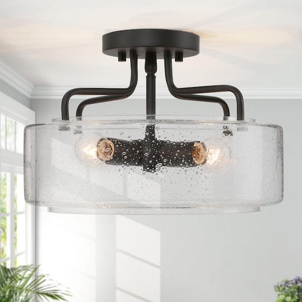 Modern Oil Rubbed Bronze Drum 12 in. 4-Light Semi-Flush Mount Ceiling Light with Seeded Glass Shade