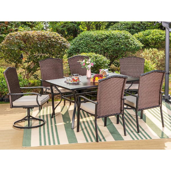 PHI VILLA Black 7-Piece Metal Patio Outdoor Dining Set with Slat Table and Rattan Chairs with Beige Cushion