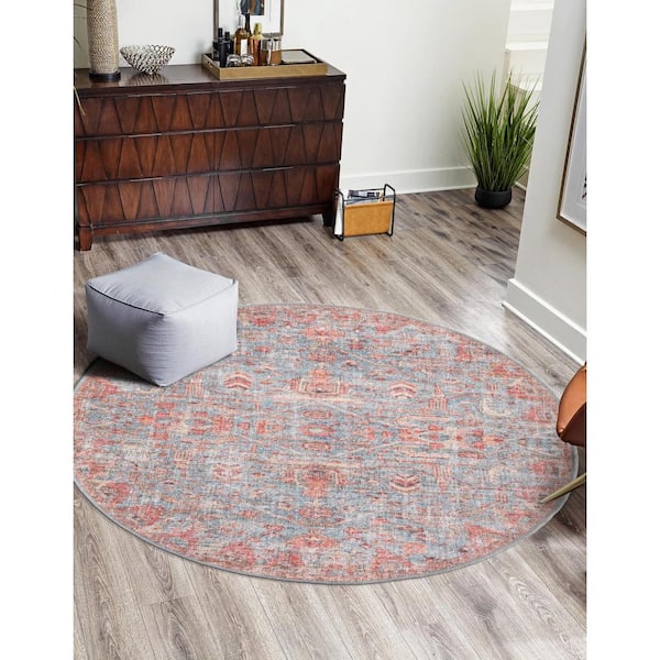 Nostalgia Olivia Antique Blue 8 ft. Round Machine Washable Area Rug